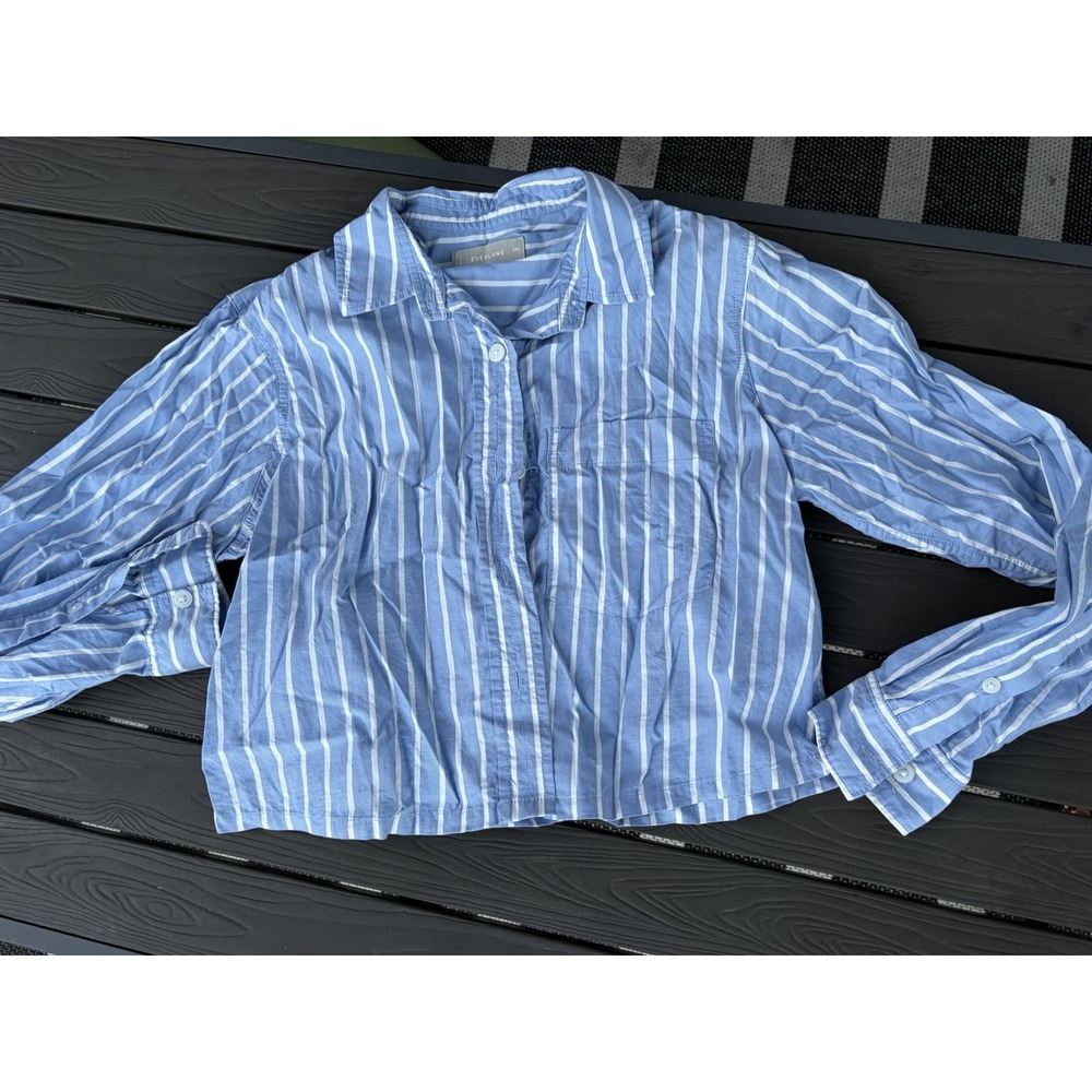Everlane Womens Blue Striped Cropped Button-Up Shirt Size XXS
